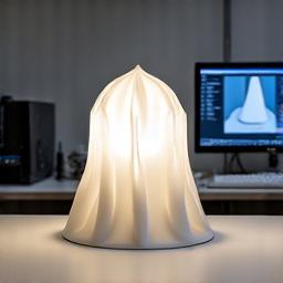 A 3D printed model of a light fixture on a workbench.